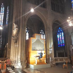 Peter Ledaine bespeelt Thomasorgel in de Petrus en Pauluskerk. Let op de schaduw op de pilaar rechts