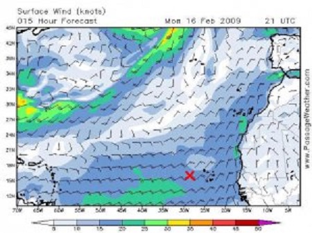 Prognose PassageWeather voor 21 uur UTC vanavond. Ik schat dat Torum nu ongeveer bij het rode kruisje kan zijn