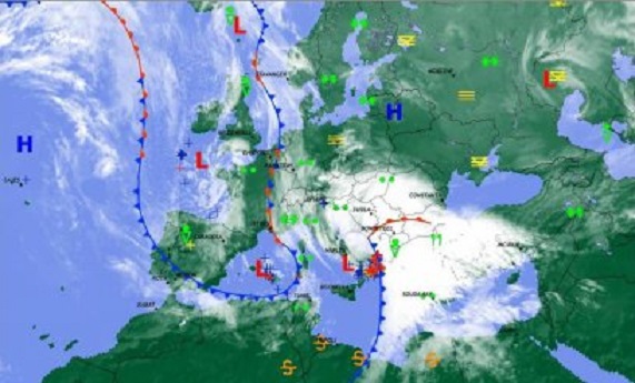 De prognose van PassageWeather van vanmiddag voor vanavond 21 uur UTC (23 uur onze tijd) De rode vlek linksonder bij Malta is de naderende storm