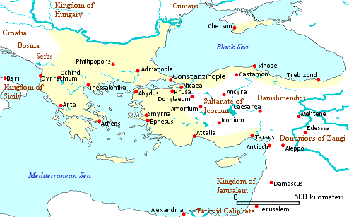 Het Byzantijnse Rijk in 1143, tijdens de Kruistochten