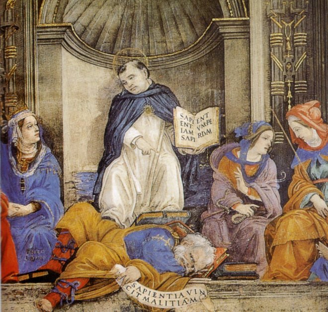 Detail van De Triomf van het Geloof van Filipinno Lippi, circa 1480. Thomas van Aquino houdt het ware geloof omhoog, een boek met de tekst SAPIENTIAM SAPIENTUM PERDAM (Ik zal de wijsheid van de wijzen vernietigen)