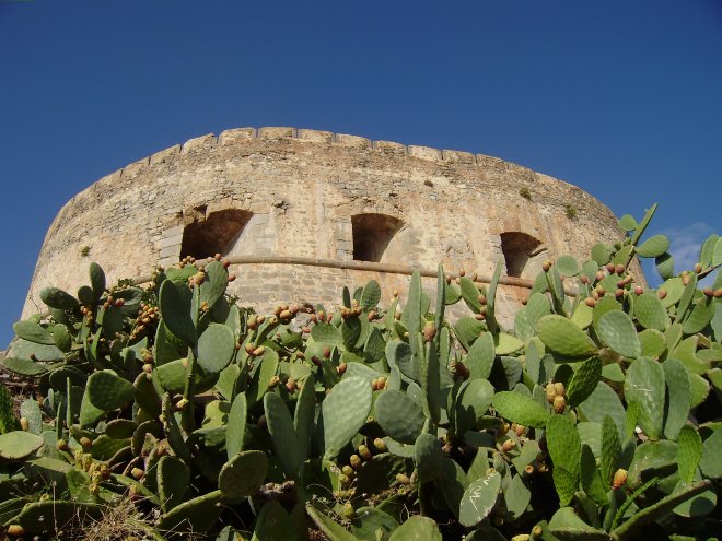 Een karakteristiek beeld van Spinalonga, een Venetiaans bastion achter een woud van cactusvijgen