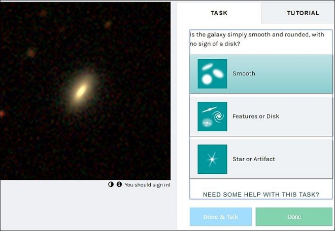 Dit is een voorbeeld van een opdracht in het programma van Galaxy Zoo voor het classificeren van sterrenstelsels.