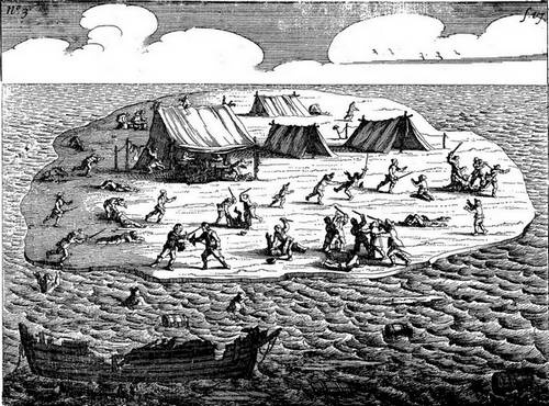 Gravure uit het boek  Ongeluckige voyagie van