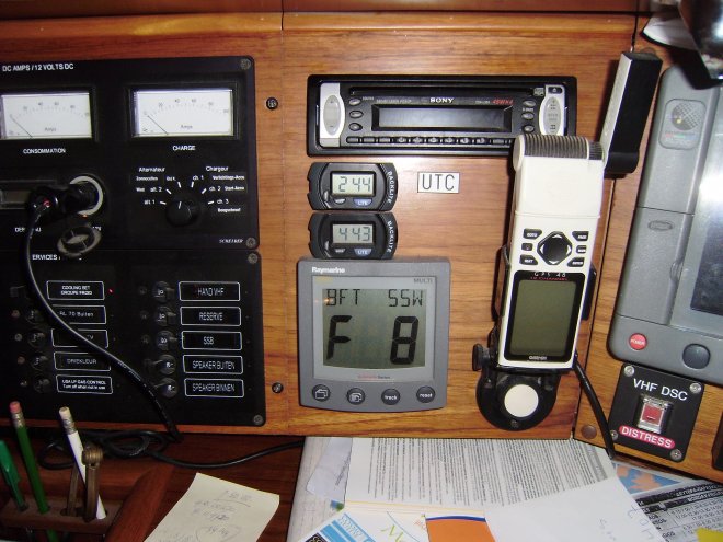 In de middag waait het Bf 8 uit het zuiden met uithalen naar 9. Rechtsboven zie je nét een stukje van dat stomme kaartleeslampje. Het witte toestelletje is ons reserve GPSje