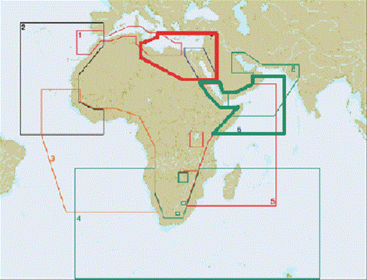De verschillende beschikbare C-map NT+ kaarten rond Afrika. De rood omrande liet ik updaten, de groene kocht ik erbij