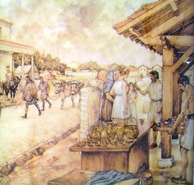 Weg bij een Romeinse legerplaats. Op de weg lopen een Romeinse en een Bataafse soldaat