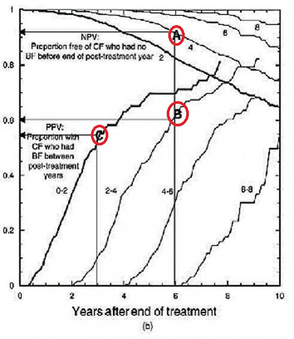 Voorbeeld van een grafiek aan de hand waarvan een prognose kan worden gegeven na een recidief-stijging van het PSA na bestralingsbehandeling