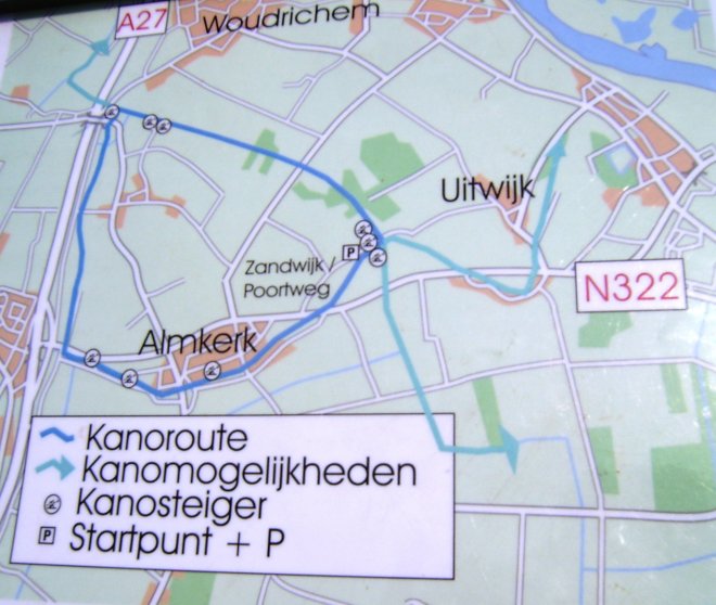 Kaart van het land van Altena. We kajakten de blauwe route met de klok mee