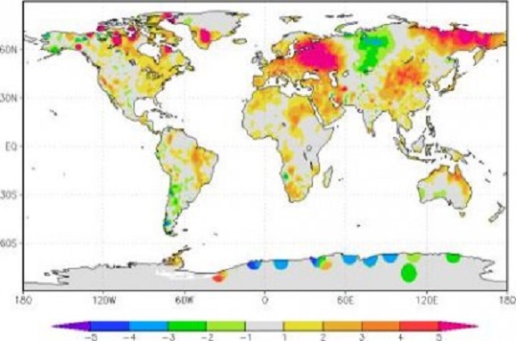 Oppervlaktetemperaturen (2 meter hoogte) juli 2010 t.o.v. de gemiddelde juli-temperaturen in de periode 1971 - 2000. Vrijwel overal opwarming. Bron KNMI