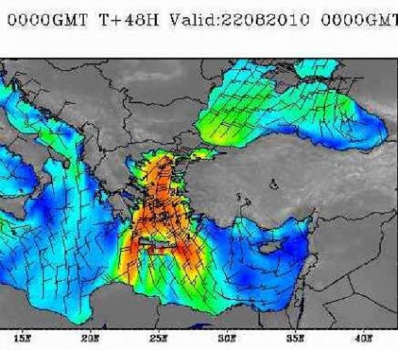 Weervoorspelling voor Turkije op zondag. Meltemi in de Egeïsche Zee. Bron TSMS