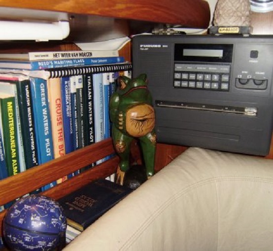 De kikker die we eergisteren kochten bij de weerkaartenprinter (die we nooit gebruiken)