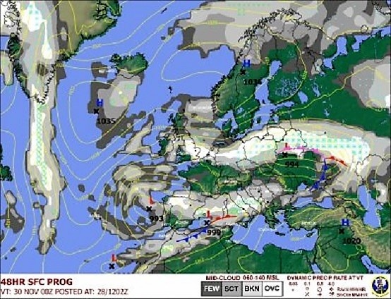 Sembach-prognose 48 uur. Hogedrukgebied boven Noorwegen geeft oostelijke stroming met koude lucht uit Rusland. In Israël stabiel mooi weer