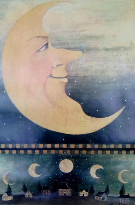 Deze prent boven ons bed geeft de schijngestalten van de maan (onder) verkeerd weer