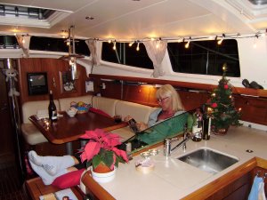 Kerstverlichting in de kajuit. Rechts het kunstkerstboompje van mijn moeder