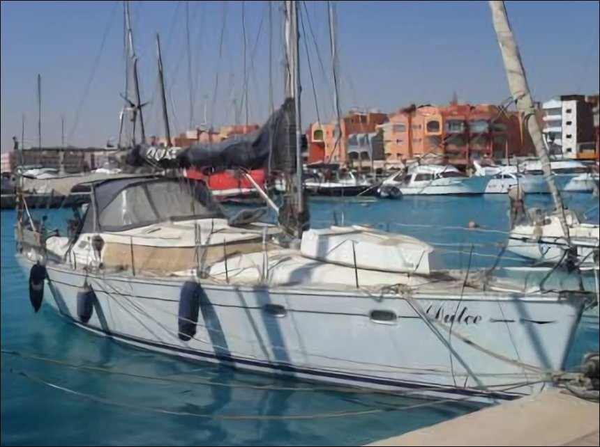 Onze Dulce vanmorgen, zwaar onder het grijsgele woestijnzand