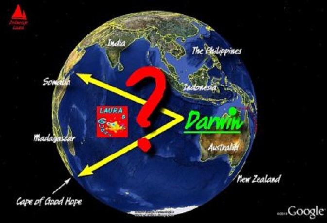 Afbeelding van website Laura Dekker. Het is nu duidelijk dat ze de zuidelijke route heeft gekozen, onder Madagascar door, direct naar Durban, Zuid-Afrika