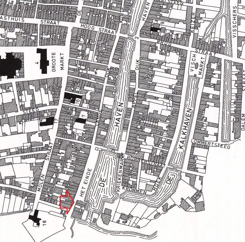 Kadastrale minuut van Gorinchem, 1821. Bij de rode pijl is ons appartementje