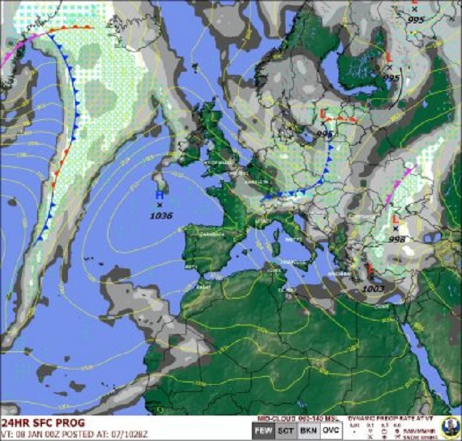 De Sembach 24-uursprognose. Er is morgen kans op turbulentie boven de Alpen en het oostelijk bekken van de Middellandse Zee