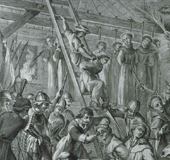 Marteling van de Martelaren van Gorinchem (uitsnede), A. Clouwet naarr J. Zierneels, 1675