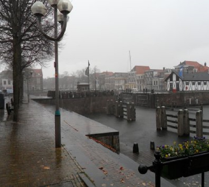 Miezerregen. De bomen langs de haven zijn al hun bladeren kwijt