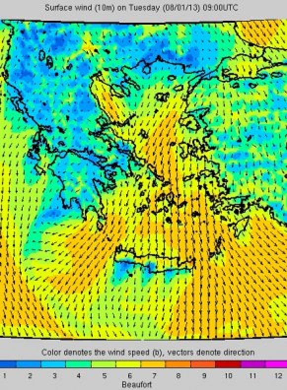 Poseidon windvoorspelling voor dinsdag 9.00 uur UTC