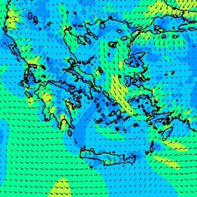 De windsituatie in Griekenland voor a.s. zondag, 12.00 uur UTC (bron Poseidon)