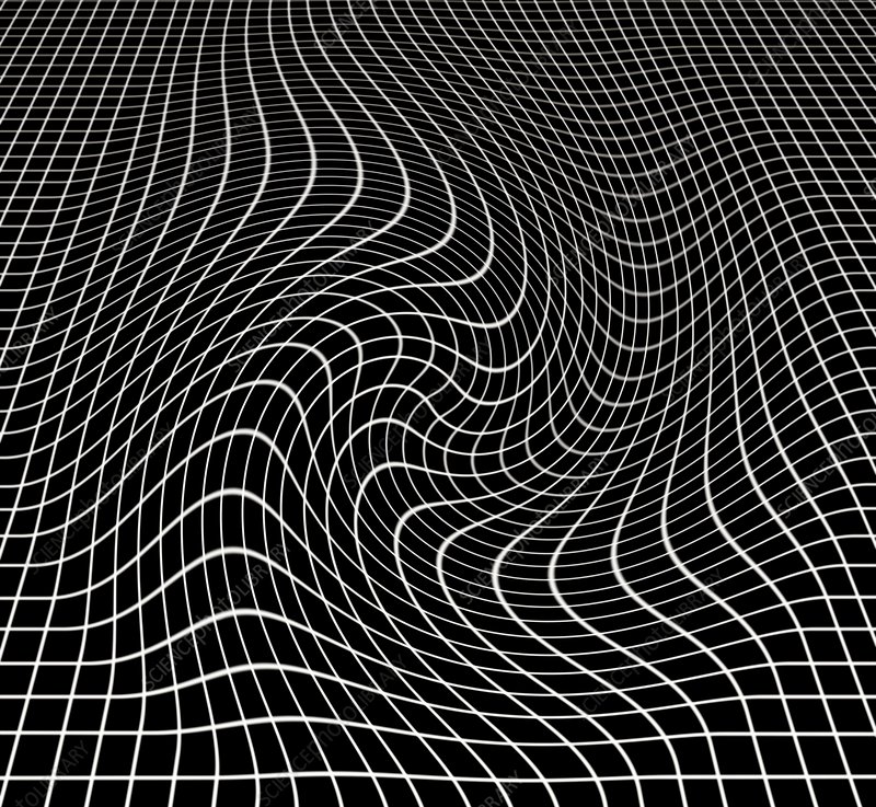 Zwaartekrachtgolven in de ruimtetijd. Hier pseudo 3-dimensionaal weergegeven