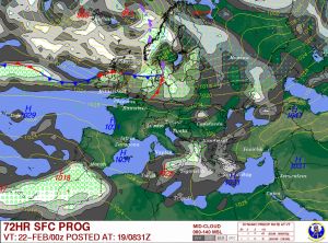 Sembach-prognose 72 uur. Linksonder bij de Algarve en Gibraltar zie je slecht weer: regen en veel wind. Bij Gibraltar méér wind door het tunneleffect