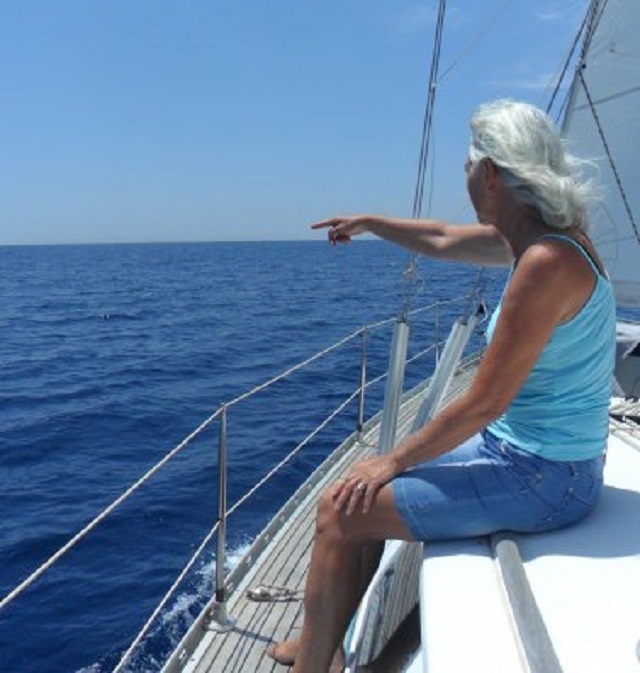 Ans wijst in de richting van een veld met zo'n 100 dolfijnen