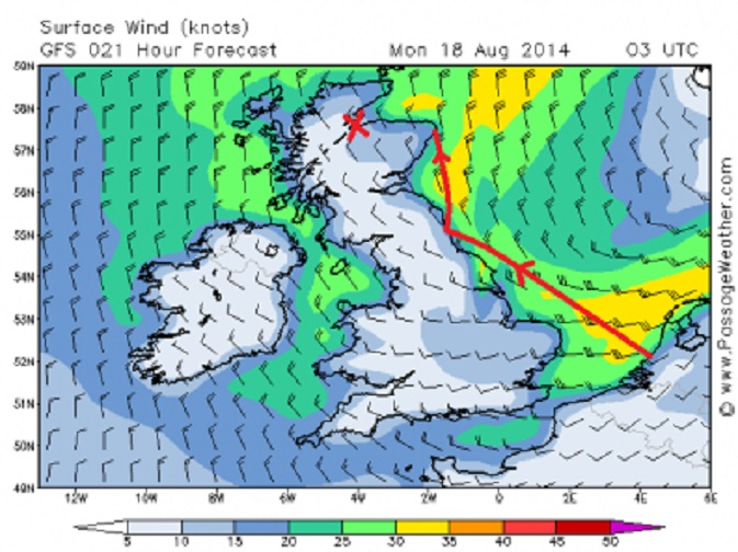 Passageweather prognose voor morgenochtend met de route van Wiger & Arina erin getekend. Bij het kruisje ligt Inverness