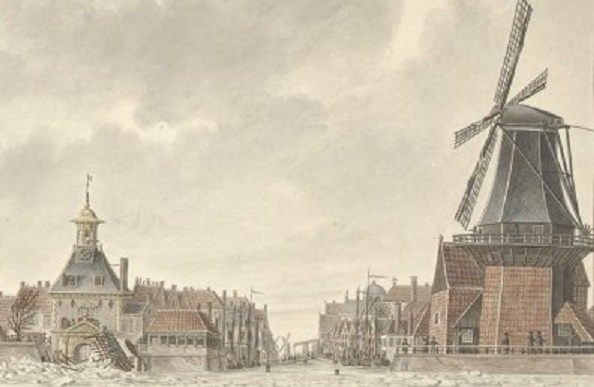 Havenmond van Gorinchem, uit een gouache van Cornelis de Jong, 1799. De stad is weer eens overstroomd