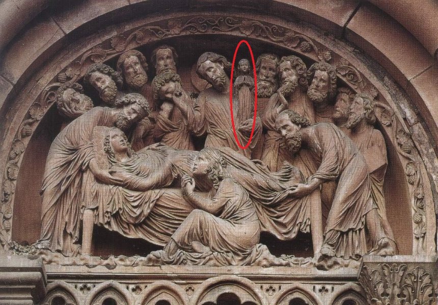 Sterfbed van Maria. Portail de l'Horloge, kathedraal van Straatsburg