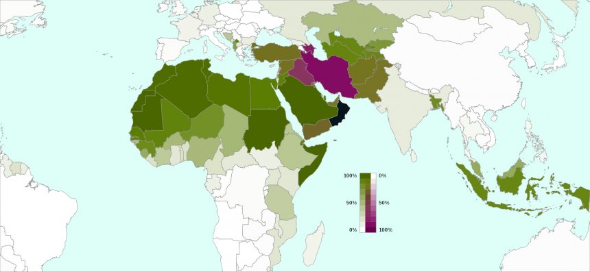De islam in de wereld. Groen = soenna, roodbruin = shia, blauw = Ibadisme. Bron: Wikipedia