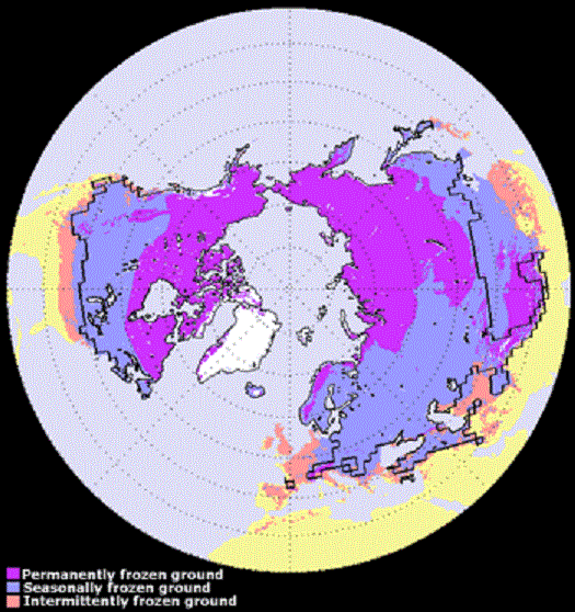 Paars: permafrost. Blauw: alleen in de winter bevroren (bron: NASA)