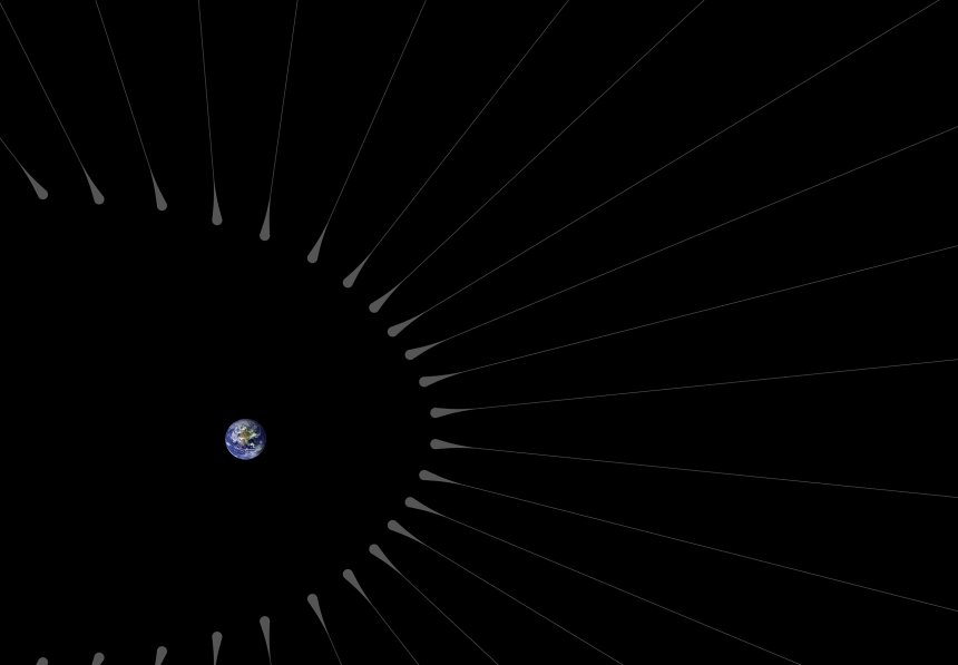 Schematische voorstelling van donkere 'haren' met hun 'haarwortels' (bron NASA)