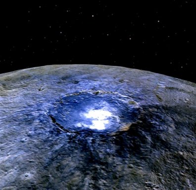 Witte vlekken in de krater Occator op de dwergplaneet Ceres