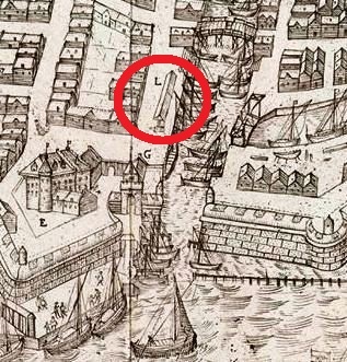 Uitsnede uit een plattegrond van Gorcum, anno 1600. In de rode cirkel aan het Eind is de vismarkt. De sluis was er nog niet en de Kalkhaven (rechts) was nog open en met de haven verbonden.