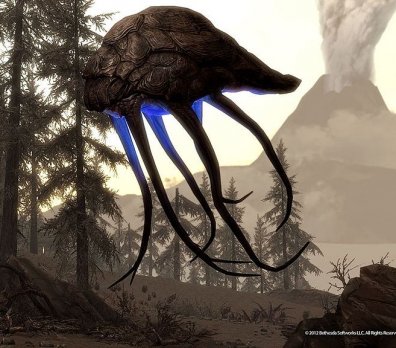 Een van de vreemde wezens (Netch) op het eiland Soltsheim in de uitbreiding Dragonborn van Skyrim