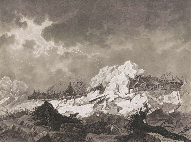 Christiaan Josi, 'De IJsgang en Doorbraak te Vuren bij Gorcum. 22 februari 1799', (naar Jacob Cats), aquatint en ets, 1802.