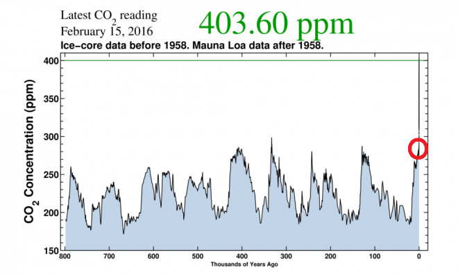 Figuur 1. De CO2-concentratie in de atmosfeer in de afgelopen 800.000 jaar (bron: Scripps)