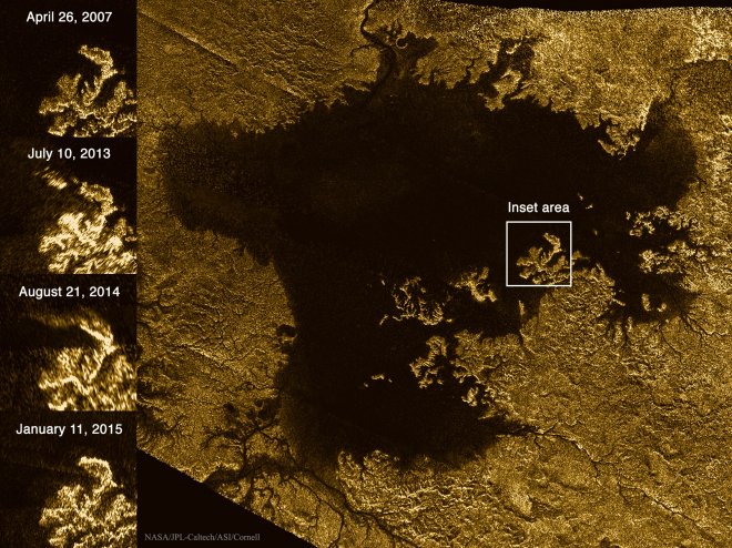 Opnames van Ligeia Mare op de Saturnus-maan Titan. Op de linkerrand zijn de verschillende foto's in de periode 2007 - 2015 van de mysterieuze structuur ingezet (foto: NASA)