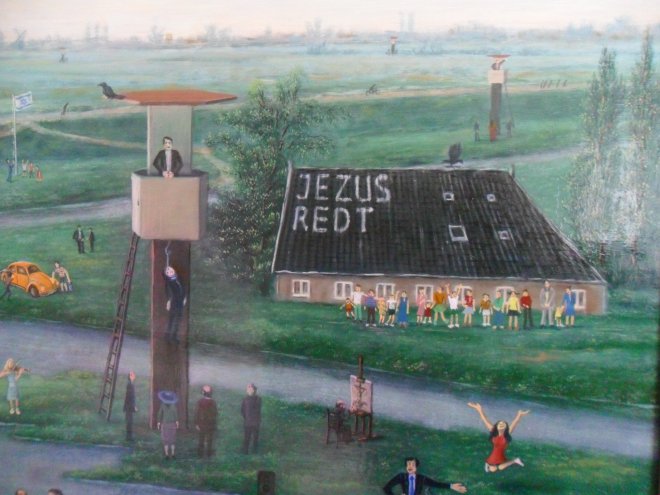 Evangelist/boer Joop van Ooijen met zijn vrouw en 16 kinderen voor hun boerderij in Giessenburg (detail uit 'Het Beloofde land' van Izak Boom)