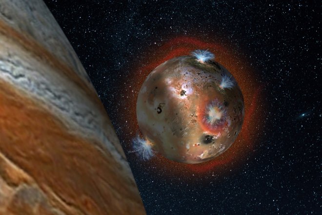 Artist's impression van de Jupiter-maan Io met zijn vulkanen van zwaveldioxide. Links is zijn oppervlak verduisterd door de slagschaduw van de reuzenplaneet. Daar bevriest de atmosfeer en stort neer.