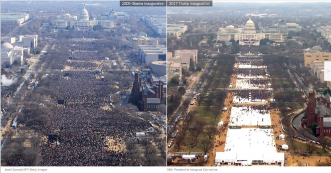 Foto links: inauguratie Obame 2009 (AFP), foto rechts: inauguratie Trump (58th Inauguration Committee). Beide foto's zouden op het exacte tijdstip van de inauguraties zijn gemaakt.