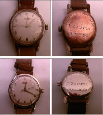 Het Tissot-horloge van mijn vader voor (boven) en na de schoonmaak.