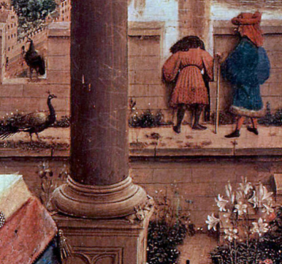 Fragment uit het schilderij 'Madonna met kanselier Rolin' (1435) van Jan van Eyck. Let op de arme konijntjes die onder de voet van pilaar verpletterd worden.