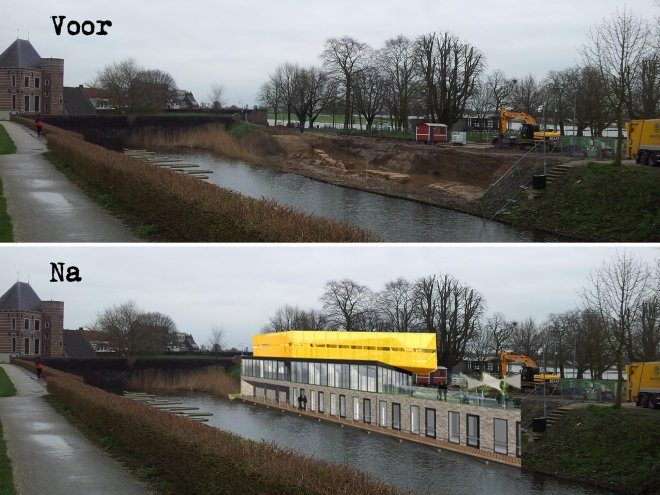 De Duveltjesgracht voor en na de bouw van het hotel. (fotomontage Roel Mulder)