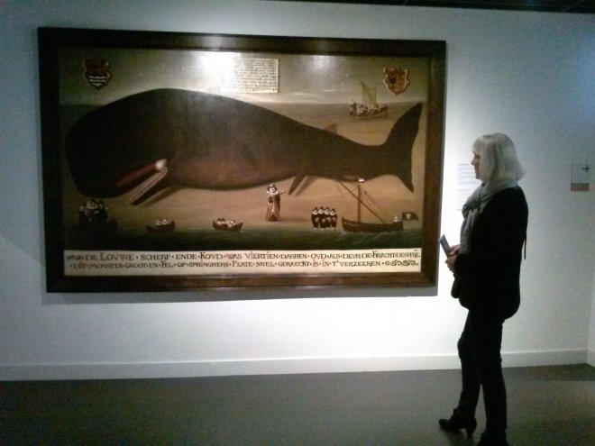 Schilderij (kopie) door H.G. Lutweiler (1918) van een in 1606 bij Zierikzee gestrande potvis in het Stadhuismuseum.