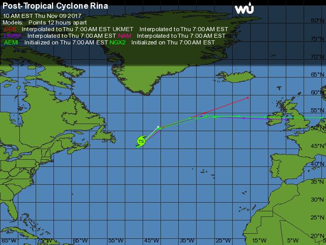 Het eergisteren (donderdag) om 10 uur UCT geprojecteerde pad van post-tropische storm Rina (bron: Weather Underground)
